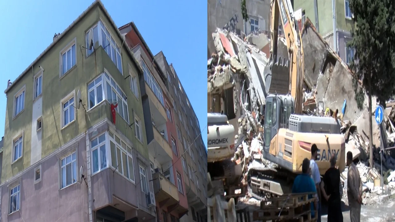 Yıkımı yapılan bina, bitişiğindeki binanın üzerine çöktü; ! Kıl payı Kurtuldular